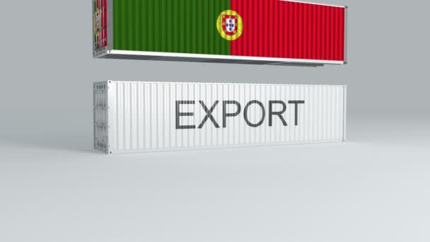 Portugal Container Met Vlag Valt Bovenop Een Container Met Het — Stockvideo