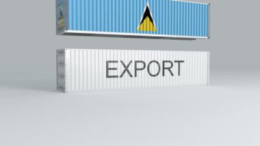 Üzerinde bayrak olan Saint Lucia konteynırı ExPORT etiketi olan bir konteynırın üzerine düşer ve onu kırar.