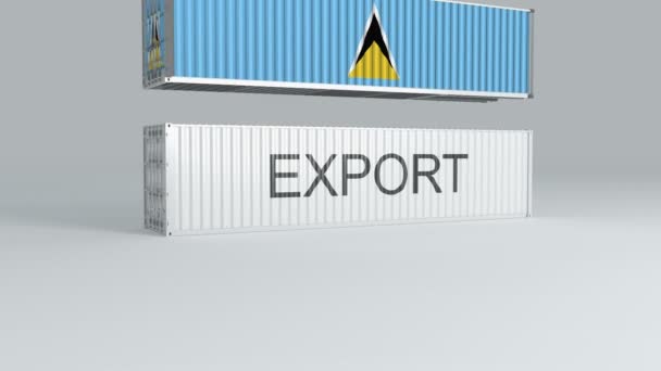 旗の付いたセントルシアのコンテナは Exportという名前のコンテナの上に落ち それを壊します — ストック動画