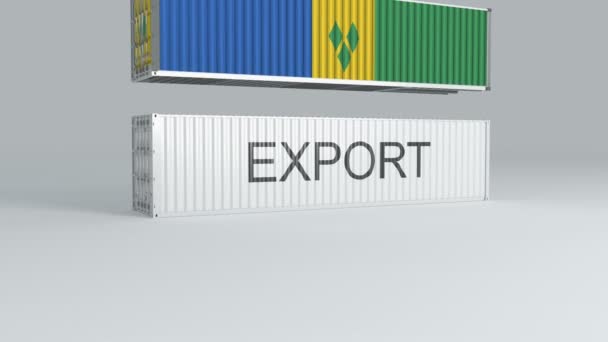 带有国旗的圣文森特和格林纳丁斯集装箱落在一个标有Export的集装箱上 并将其折断 — 图库视频影像