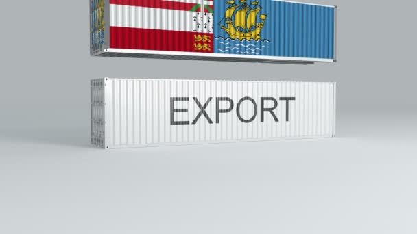 带有国旗的圣皮埃尔号和密克隆号集装箱落在标有 Export 的集装箱上 并将其折断 — 图库视频影像
