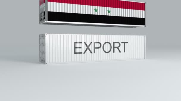 Syrien Container Med Flaggan Faller Ovanpå Container Märkt Export Och — Stockvideo