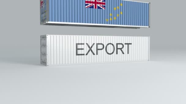 带有国旗的图瓦卢集装箱落在一个标有Export的集装箱上 并将其折断 — 图库视频影像