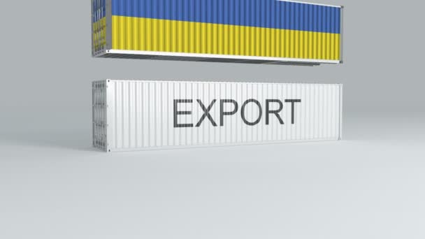 Ucrania Contenedor Con Bandera Cae Parte Superior Contenedor Etiquetado Exportar — Vídeo de stock