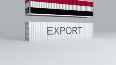 Üzerinde bayrak olan Yemen konteynırı ExPORT etiketi olan bir konteynırın üzerine düşüyor ve onu kırıyor.