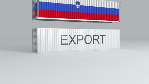 Eslovenia Contenedor Con Bandera Cae Parte Superior Contenedor Etiquetado Exportar — Vídeos de Stock