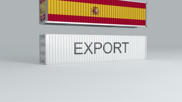 Spanien Container Med Flaggan Faller Ovanpå Container Märkt Export Och — Stockvideo