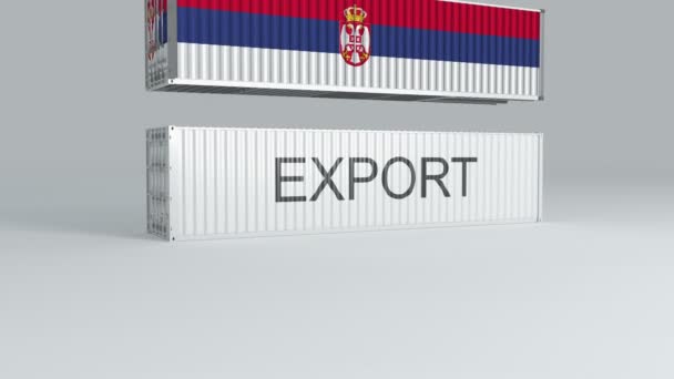 Сербія Прапором Падає Верхній Контейнер Написом Експорт Розбиває Його — стокове відео