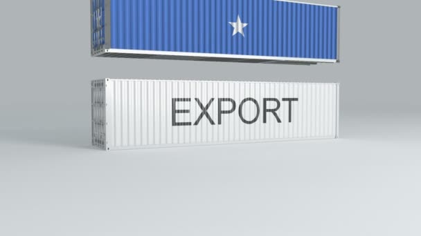 Somalia Contenedor Con Bandera Cae Parte Superior Contenedor Etiquetado Exportar — Vídeos de Stock