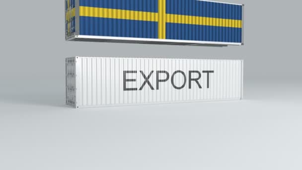Suecia Contenedor Con Bandera Cae Parte Superior Contenedor Etiquetado Exportar — Vídeo de stock