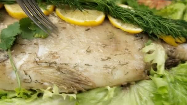 Roasted Carp Served Greens Lemon Close — Stock Video