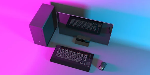 Zwarte Computer Neon Roze Verlichting Illustratie — Stockfoto