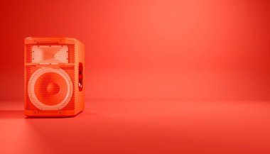 Kırmızı arkaplanda kırmızı hoparlör sistemi, 3d illüstrasyon