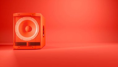 Kırmızı arkaplanda kırmızı hoparlör sistemi, 3d illüstrasyon