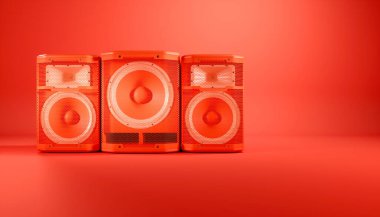 Kırmızı arkaplanda kırmızı hoparlör sistemi, 3d illüstrasyon