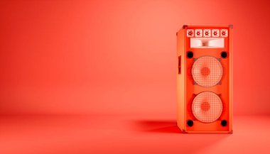 Kırmızı arkaplanda kırmızı hoparlör sistemi, 3d illüstrasyon