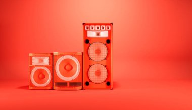Kırmızı arkaplanda kırmızı hoparlör sistemi, 3d illüstrasyon