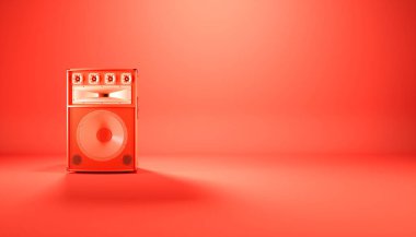 Kırmızı arkaplanda kırmızı hoparlör sistemi, 3d illüstrasyon