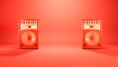 Kırmızı arkaplanda kırmızı hoparlör sistemi, 3d illüstrasyon