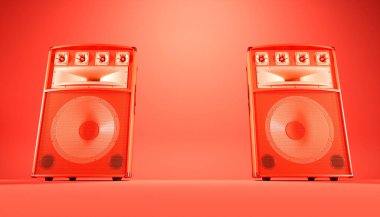 Kırmızı arkaplanda kırmızı hoparlör sistemi, 3d illüstrasyon