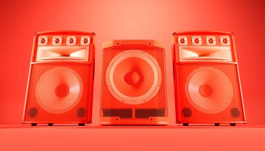 Kırmızı arkaplanda kırmızı hoparlör sistemi, 3d illüstrasyon