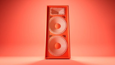 Kırmızı arkaplanda kırmızı hoparlör sistemi, 3d illüstrasyon