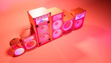 Kırmızı arkaplan üzerinde kırmızı hoparlör sistemi mor ışık, 3d illüstrasyon