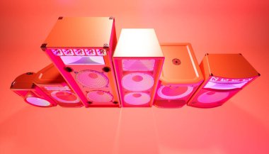 Kırmızı arkaplan üzerinde kırmızı hoparlör sistemi mor ışık, 3d illüstrasyon