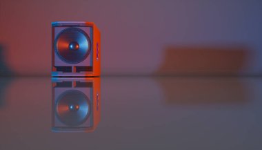 Mavi ve turuncu ışıklandırmada siyah arkaplan üzerinde hoparlör sistemi, 3D illüstrasyon