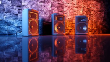 Mavi ve turuncu ışıklandırmada siyah arkaplan üzerinde hoparlör sistemi, 3D illüstrasyon