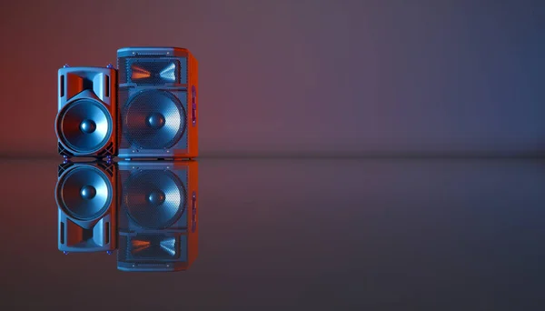 青とオレンジの照明と3Dのイラストの黒い背景のスピーカーシステム — ストック写真