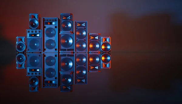 青とオレンジの照明と3Dのイラストの黒い背景のスピーカーシステム — ストック写真