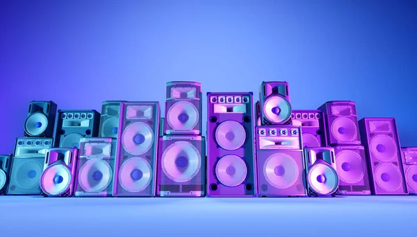 紫色照明中蓝色背景上的蓝色扬声器系统 3D插图 — 图库照片