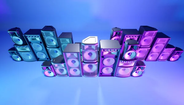 紫色の照明 3Dイラストの青い背景に青いスピーカーシステム — ストック写真