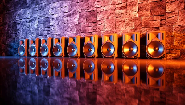蓝色和橙色照明中黑色背景的扬声器系统 3D插图 — 图库照片