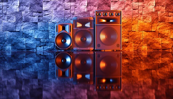 Lautsprecheranlage Auf Schwarzem Hintergrund Blauer Und Oranger Beleuchtung Illustration — Stockfoto