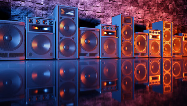 speaker system on a black background in blue and orange lighting, 3d illustration