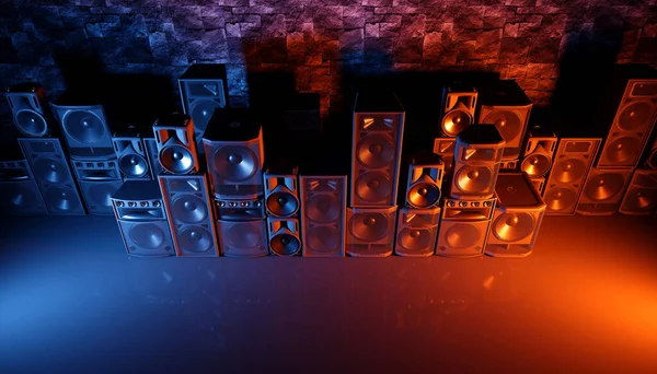 蓝色和橙色照明中黑色背景的扬声器系统 3D插图 — 图库照片