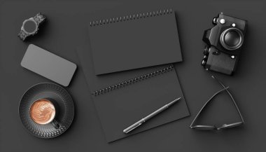 Siyah arka planda, kameranın yanında bir fincan kahve, üç boyutlu illüstrasyon.