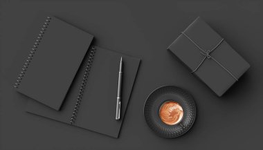 Siyah bir tahtanın yanında siyah bir fincan kahve, üç boyutlu resimli.