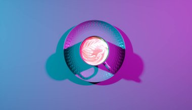 Ultraviyole ışıkta bir fincan kahve yakın çekim, 3 boyutlu illüstrasyon