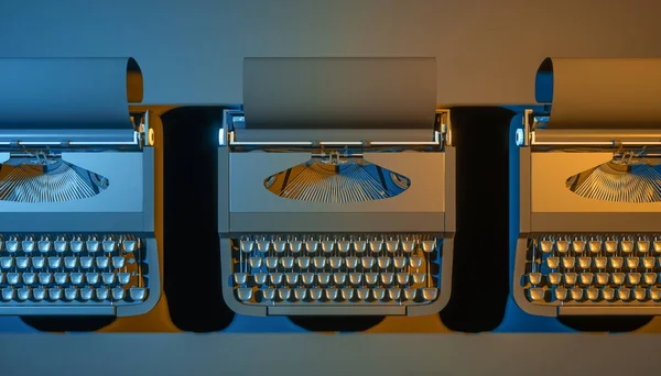 Many Typewriters Black Background Blue Yellow Lighting Illustration — Stock Photo, Image