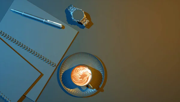 Ceașcă Cafea Fundal Negru Lângă Notebook Iluminat Albastru Galben Ilustrație — Fotografie, imagine de stoc