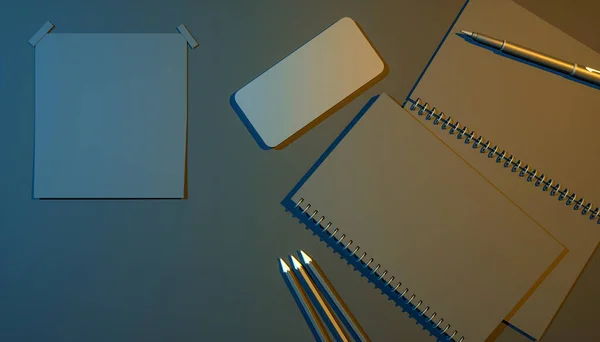 Smartphone Lado Notebook Fundo Preto Iluminação Azul Amarela Ilustração — Fotografia de Stock