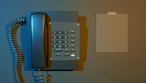 蓝色和黄色灯光下黑色背景的笔记本电脑旁边的电话 3D插图 — 图库照片