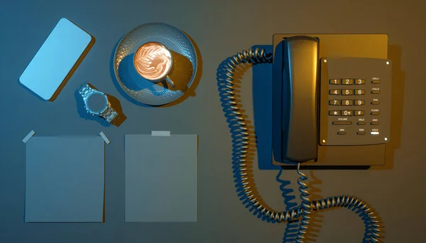 Телефон Рядом Ноутбуком Черном Фоне Синем Желтом Освещении Иллюстрация — стоковое фото