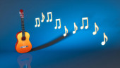 klasická akustická kytara s tóny na modrém pozadí, 3D ilustrace