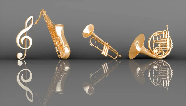 Instrumentos Musicais Vento Dourado Sobre Fundo Preto Ilustração — Fotografia de Stock