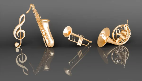 Instrumentos Musicais Vento Dourado Sobre Fundo Preto Ilustração — Fotografia de Stock