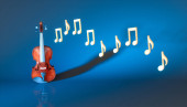 klasické housle s tóny na modrém pozadí, 3D ilustrace